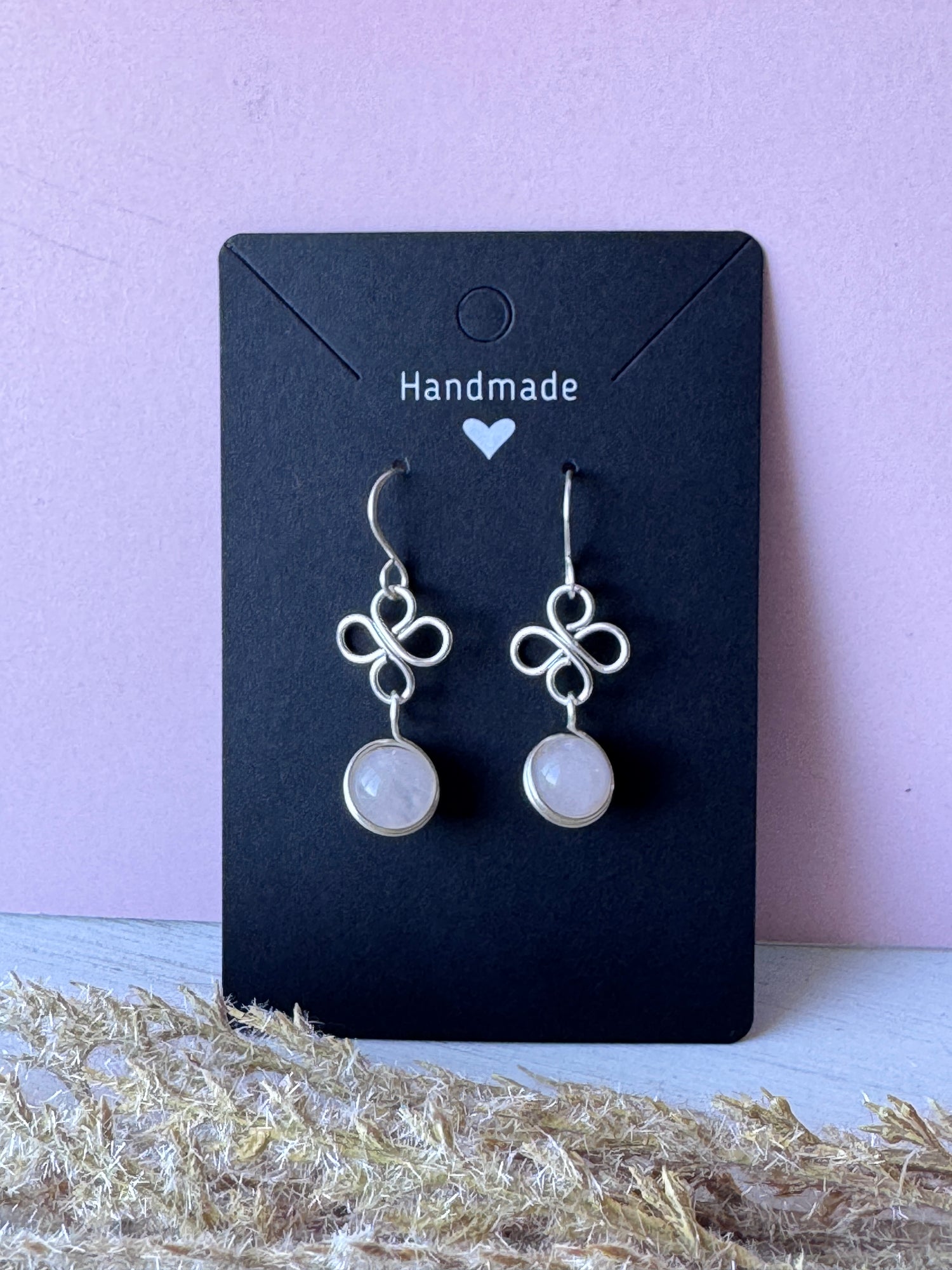 Silver Wire Wrapped Flower Earrings with Rose Quartz Gemstones