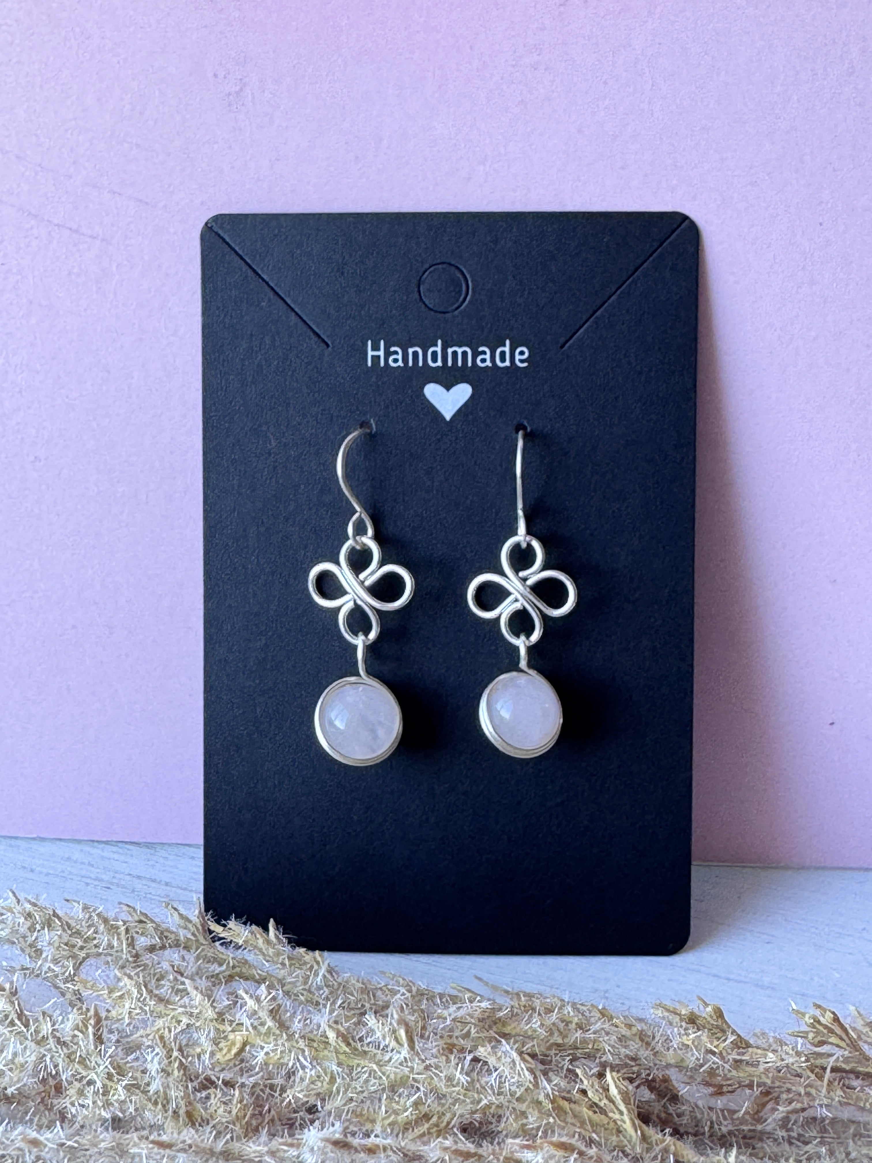 Silver Wire Wrapped Flower Earrings with Rose Quartz Gemstones