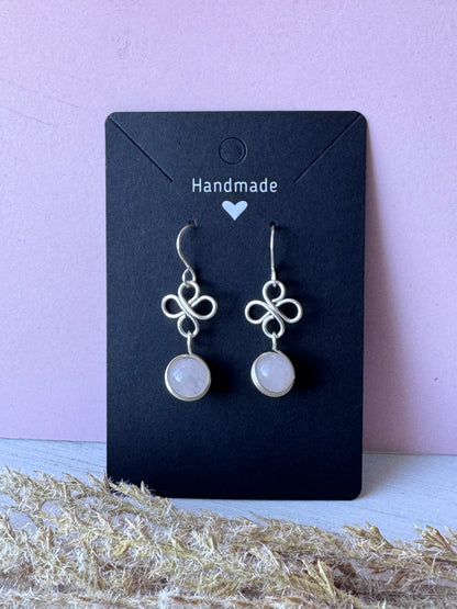 Silver Wire Wrapped Flower Earrings with Rose Quartz Gemstones