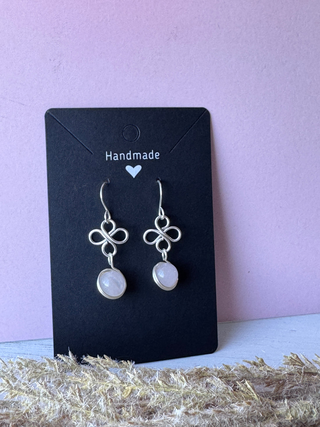 Silver Wire Wrapped Flower Earrings with Rose Quartz Gemstones