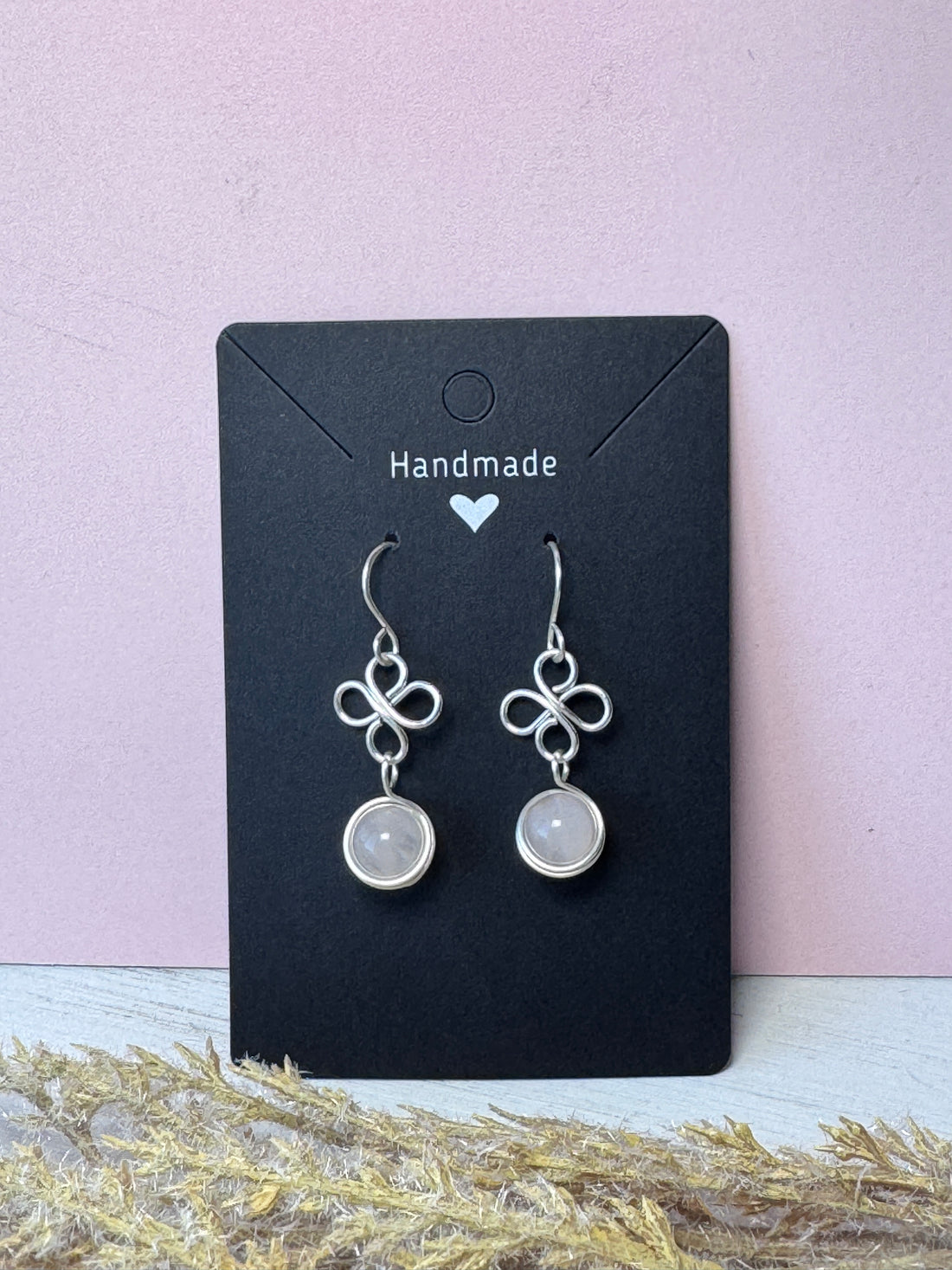 Silver Wire Wrapped Flower Earrings with Rose Quartz Gemstones