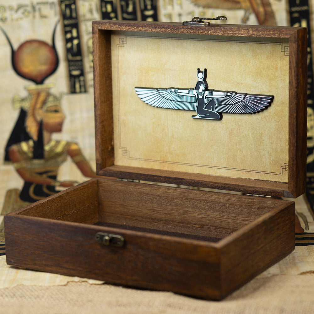 8.5" Isis Goddess Keepsake Box – Wooden Box with Winged Isis Mirror-Finish Emblem – Spiritual Gift, Egyptian-Inspired Decor