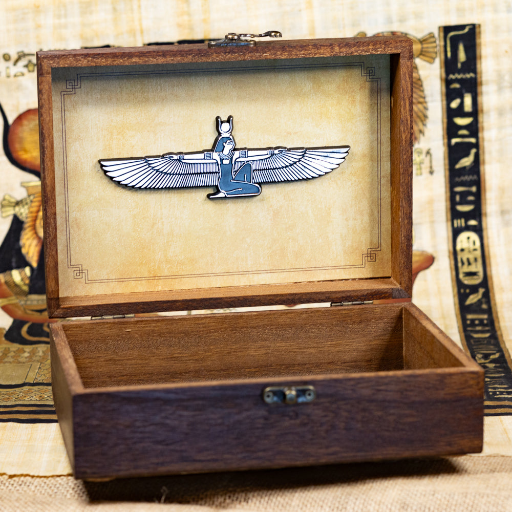 8.5" Isis Goddess Keepsake Box – Wooden Box with Winged Isis Mirror-Finish Emblem – Spiritual Gift, Egyptian-Inspired Decor