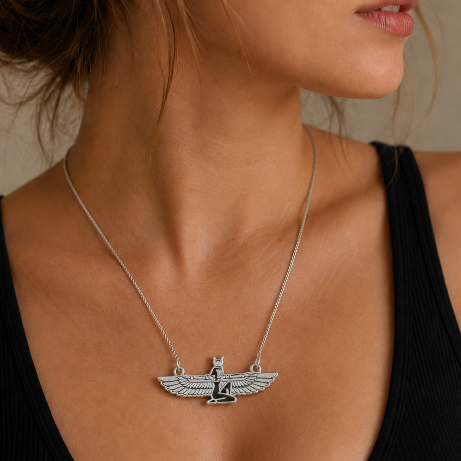 Egyptian Goddess Necklace, Winged Isis Pendant/Medallion, Pagan Mythology | Choose your Chain Size