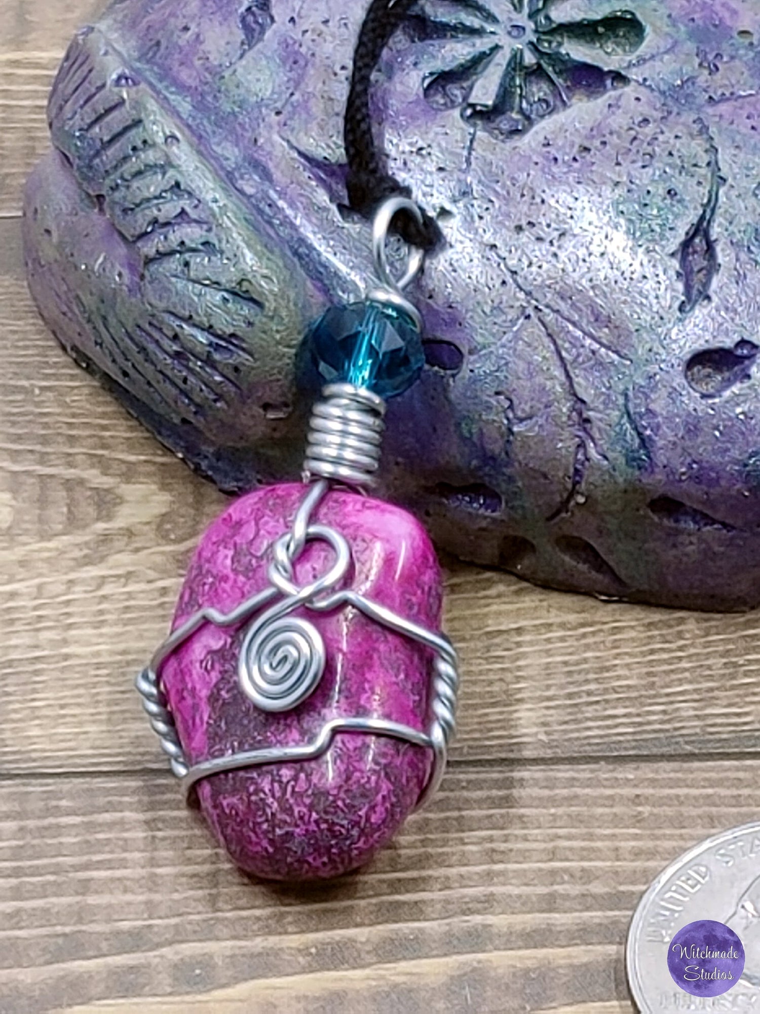 Pink Agate Wire Wrap Necklace, Silver Coated Copper Metaphysical Jewelry JN121