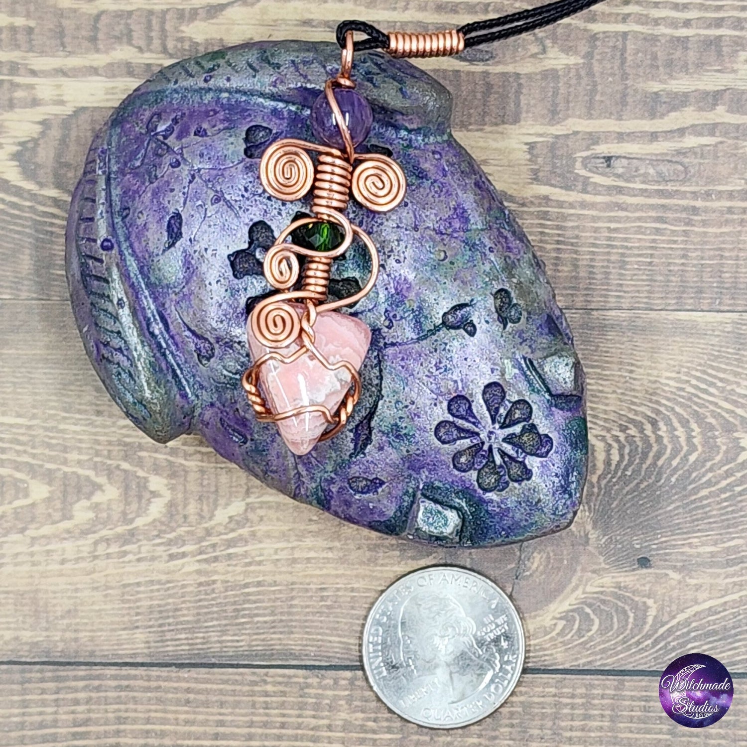 Rhodochrosite Wire Wrap Necklace, Copper Metaphysical Jewelry JN177