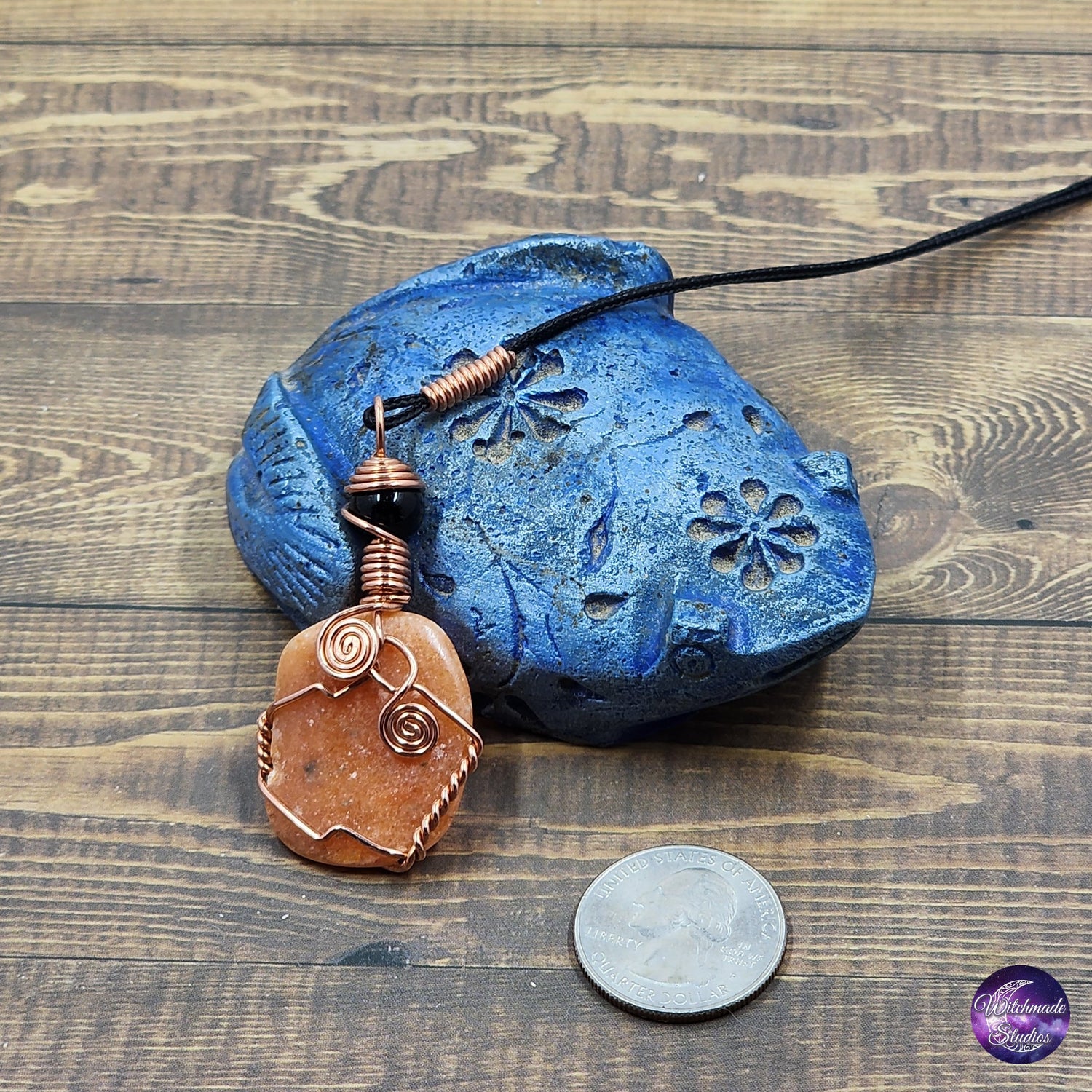 Orange Calcite Wire Wrap Crystal Necklace, Copper Metaphysical Jewelry JN228