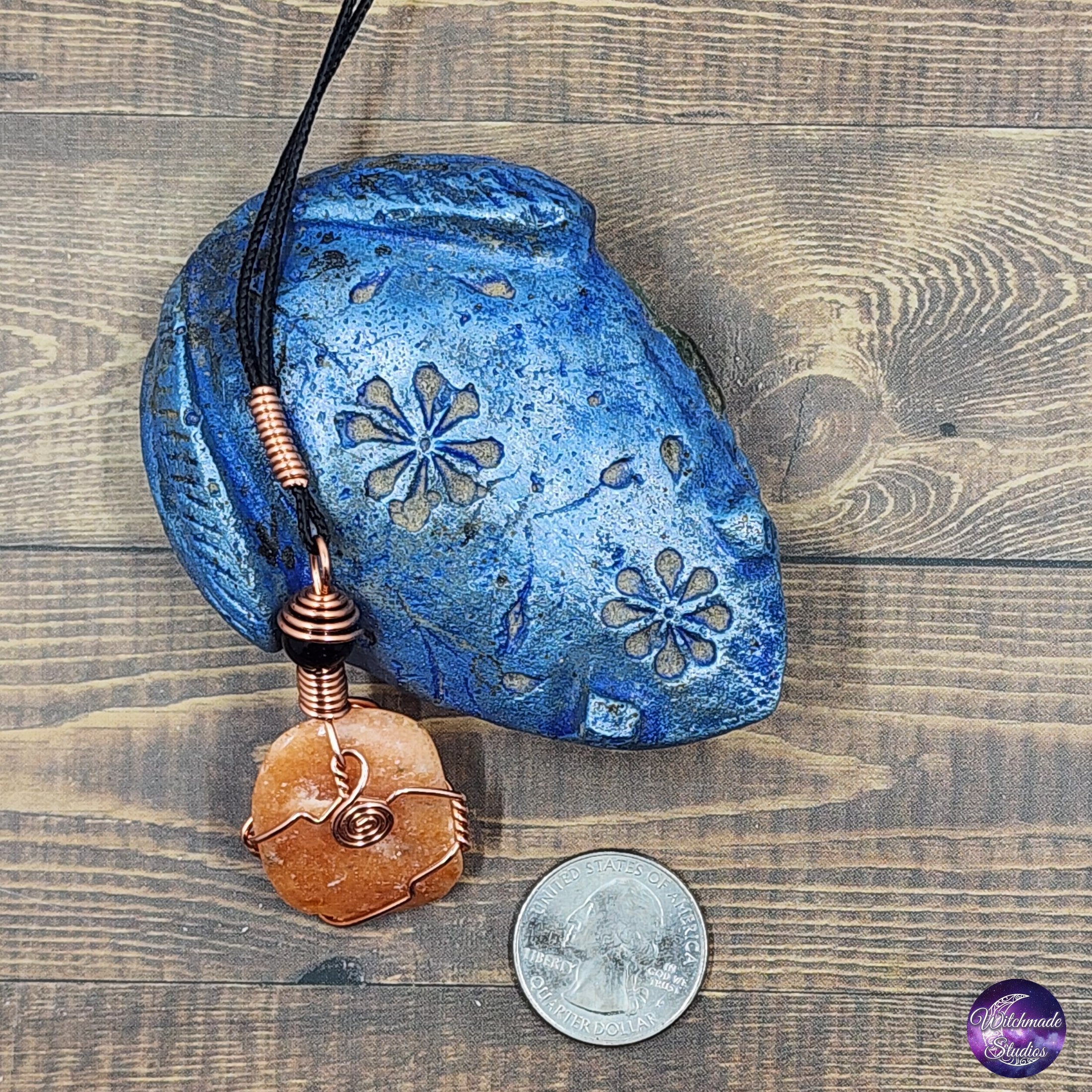 Orange Calcite Wire Wrap Crystal Necklace, Copper Metaphysical Jewelry JN228