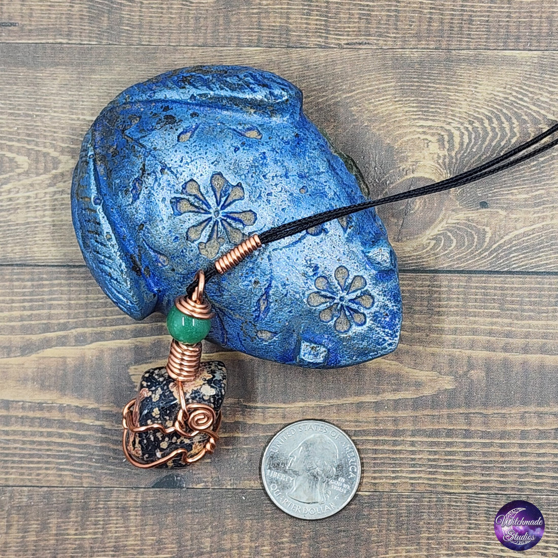 Leopardskin Jasper Wire Wrap Crystal Necklace, Copper Metaphysical Jewelry JN230