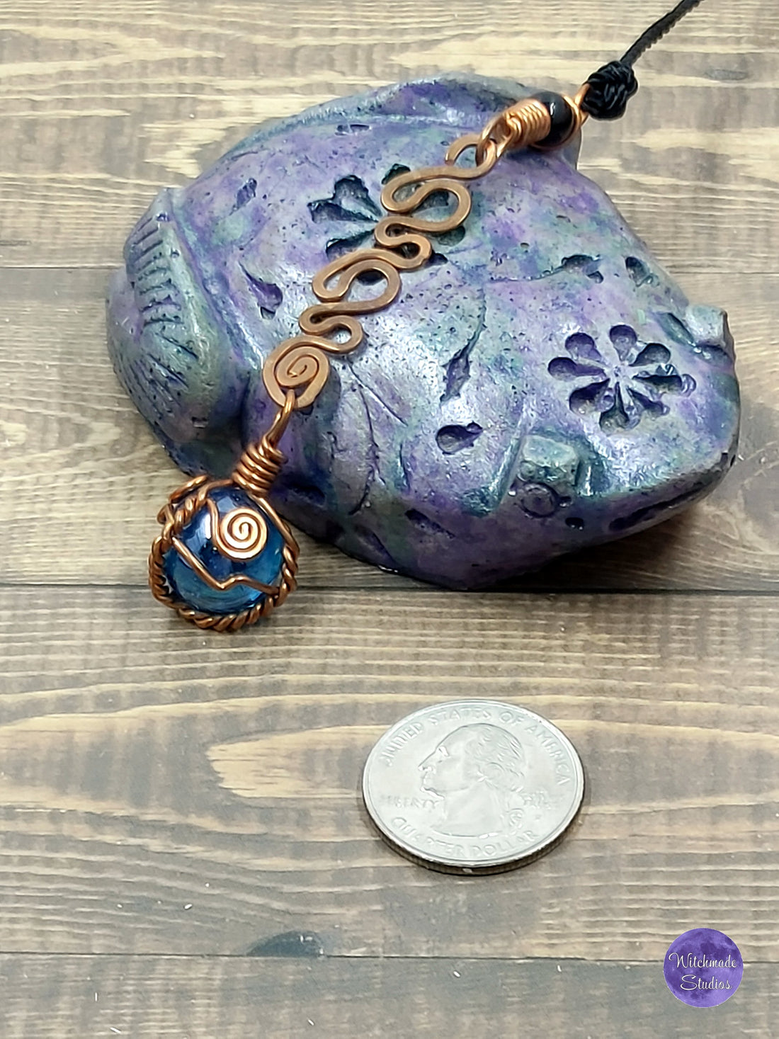 Blue Glass Globe Wire Wrap Crystal Necklacw, Copper Metaphysical Jewelry JN86