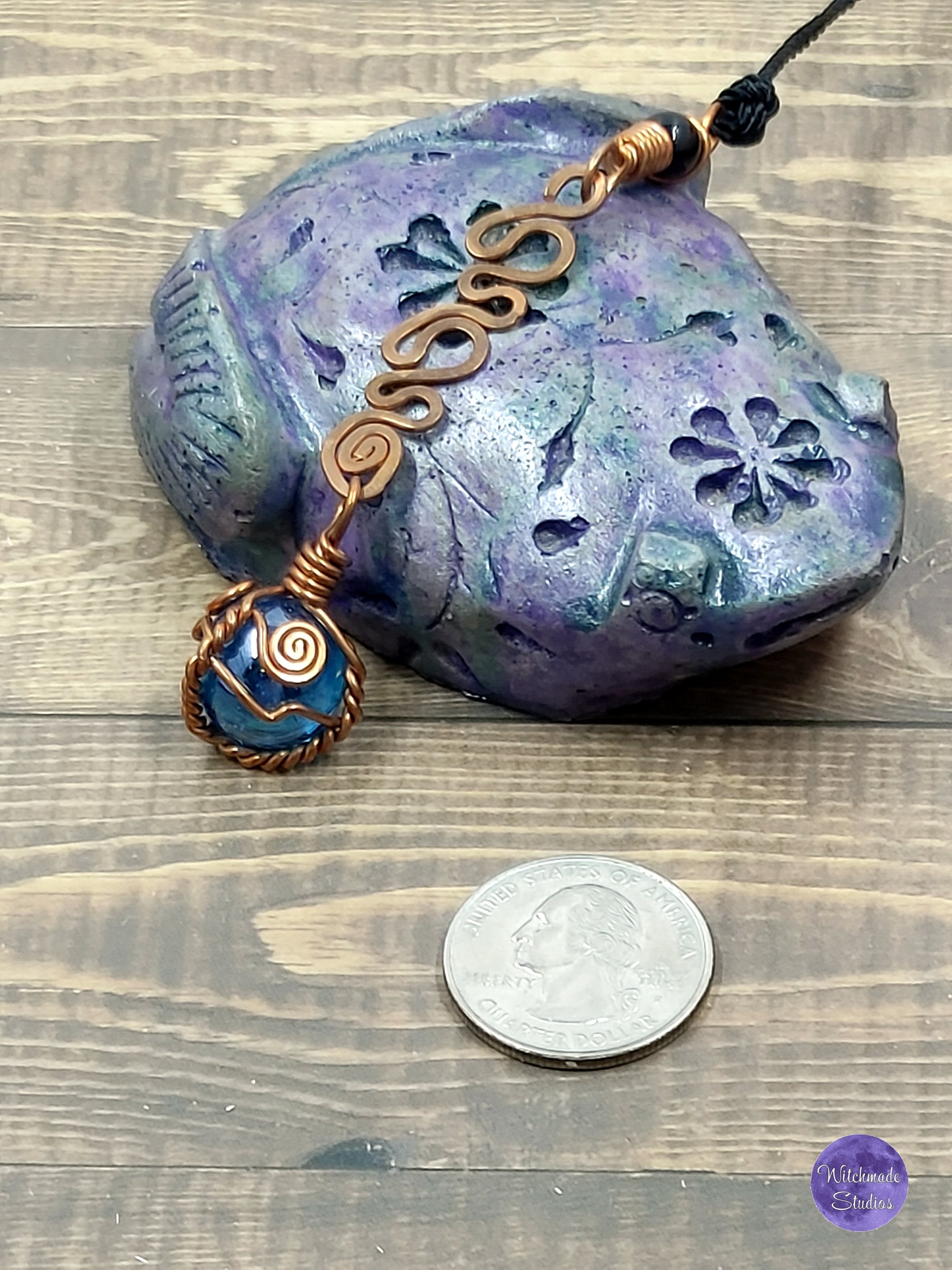 Blue Glass Globe Wire Wrap Crystal Necklacw, Copper Metaphysical Jewelry JN86