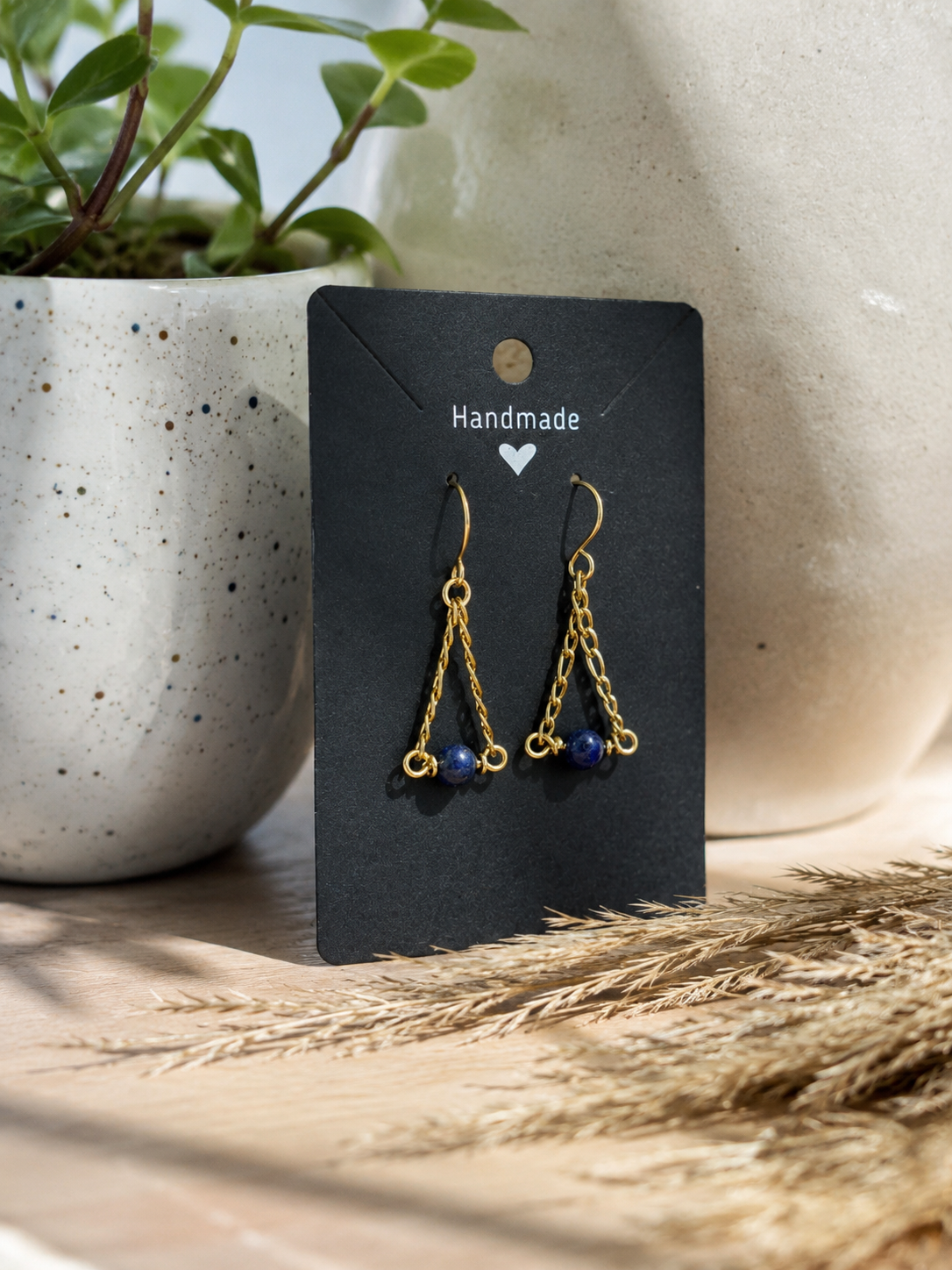 Wire Wrapped Earrings with Lapis Lazuli and Gold Chain