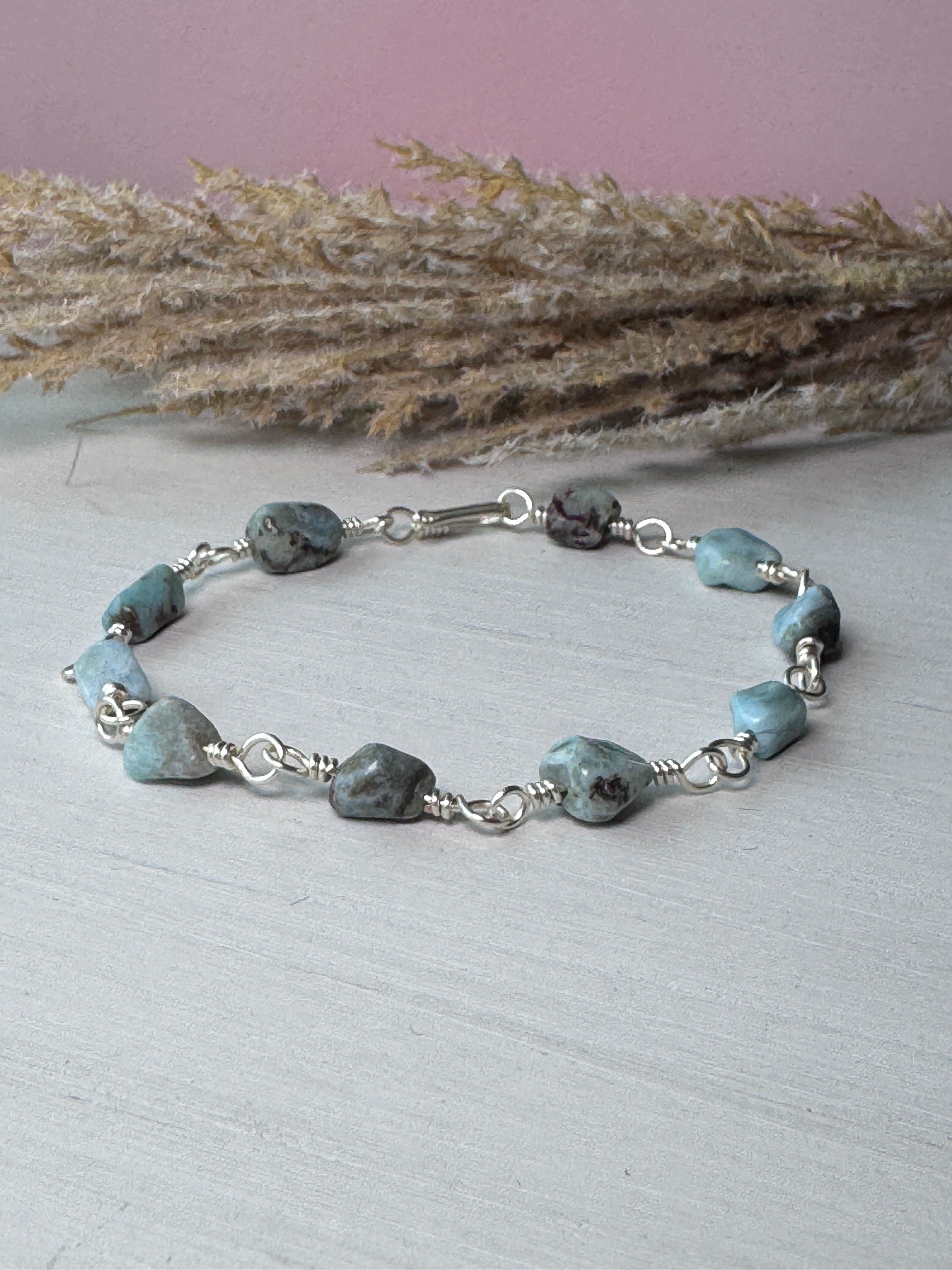Silver Wire Wrapped Bracelet with Larimar Gemstones