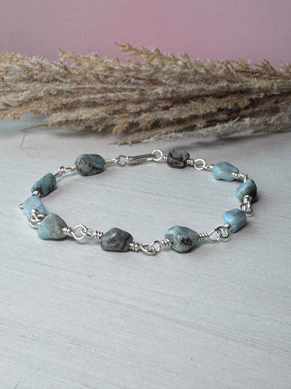 Silver Wire Wrapped Bracelet with Larimar Gemstones