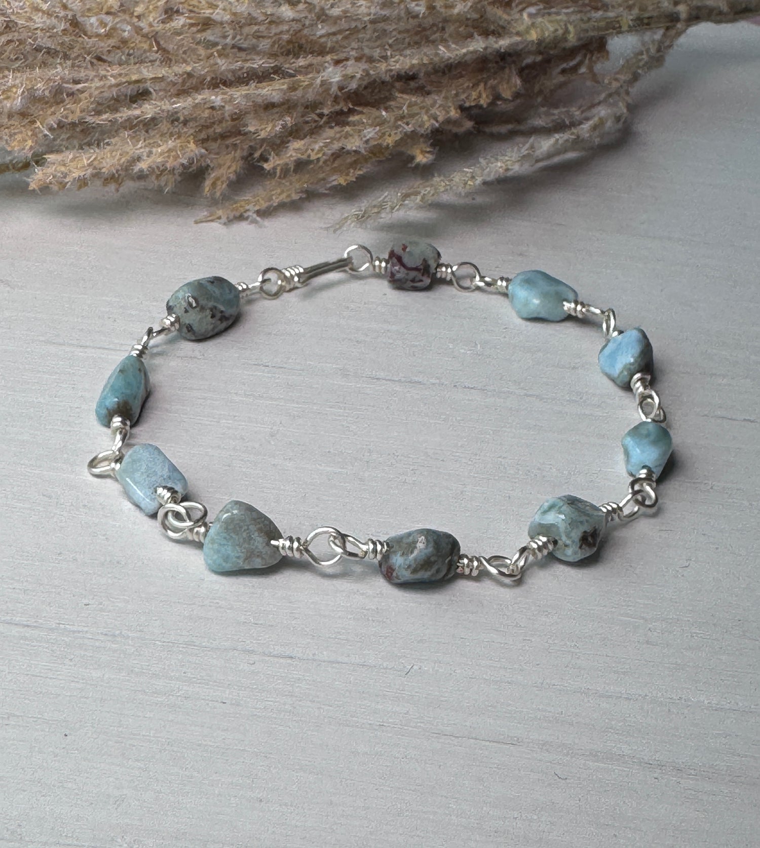 Silver Wire Wrapped Bracelet with Larimar Gemstones