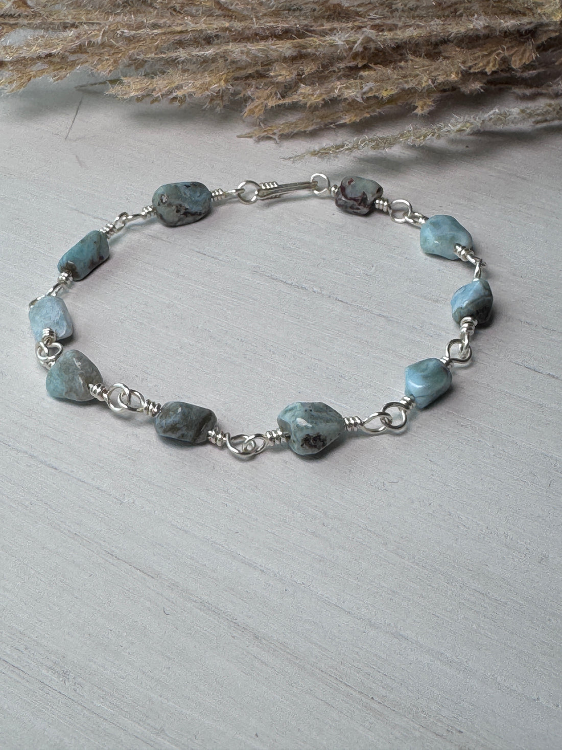 Silver Wire Wrapped Bracelet with Larimar Gemstones