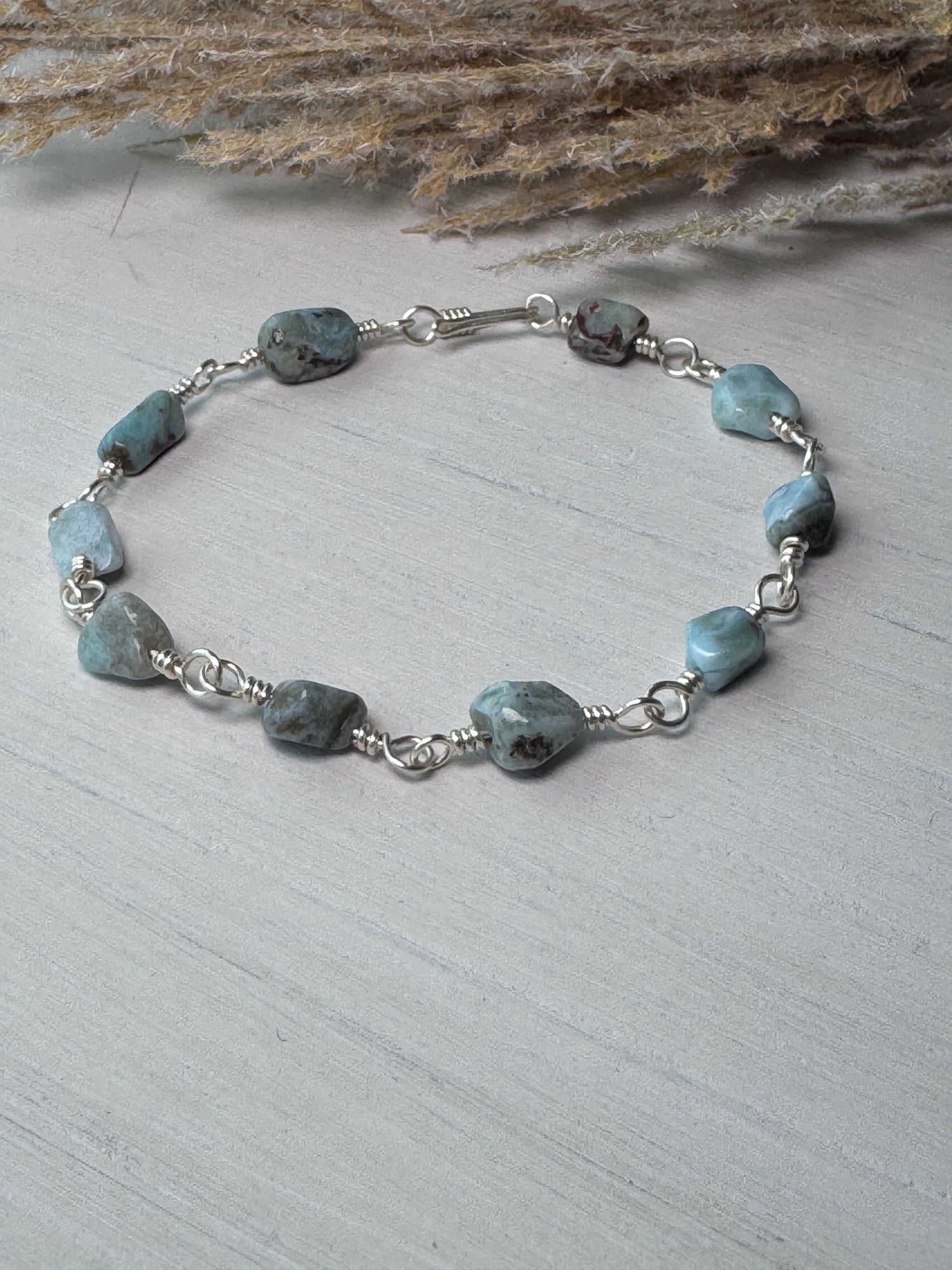 Silver Wire Wrapped Bracelet with Larimar Gemstones