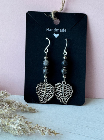 Silver Wire Wrapped Leaf Earrings with Labradorite Gemstones
