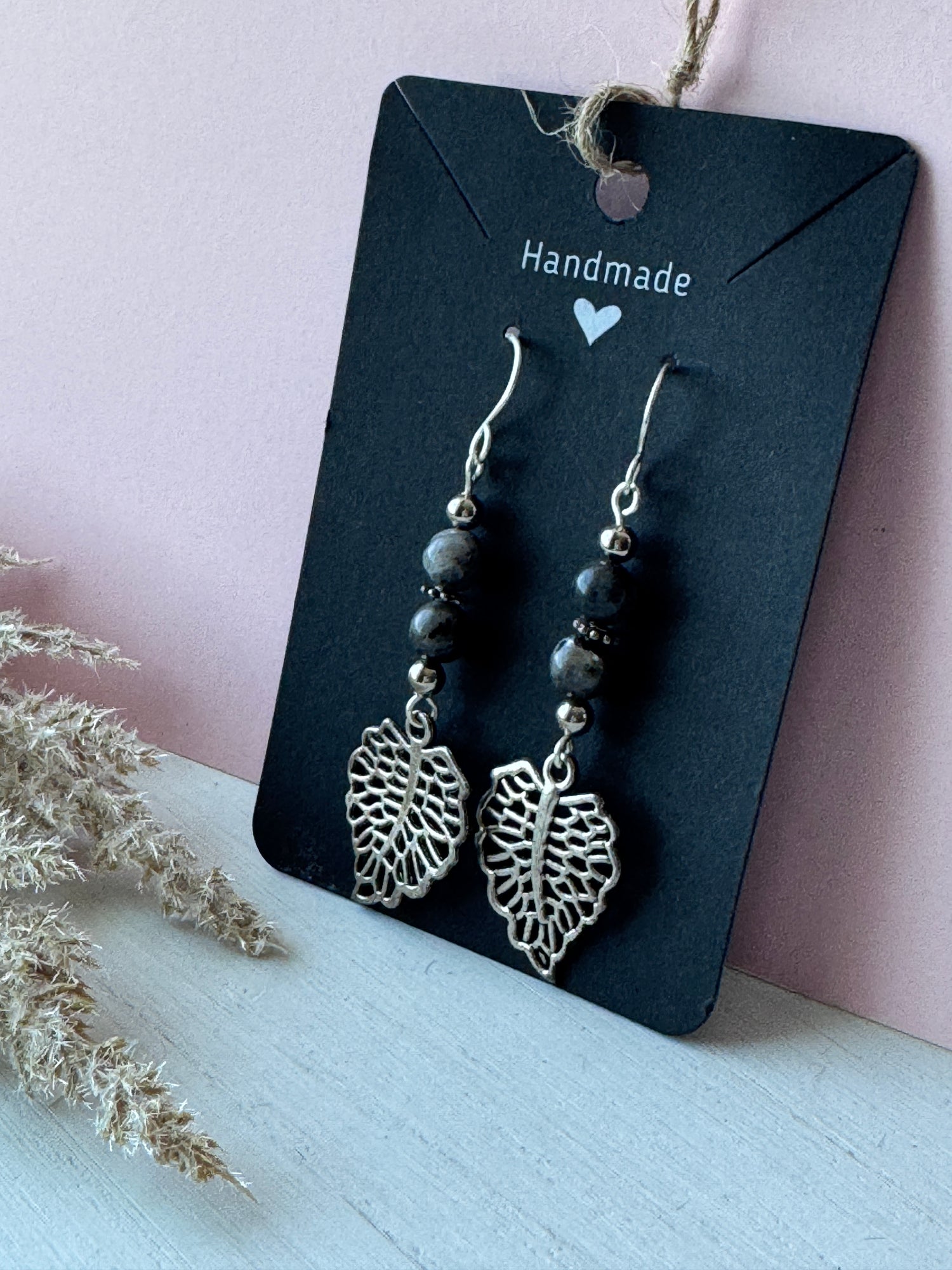 Silver Wire Wrapped Leaf Earrings with Labradorite Gemstones