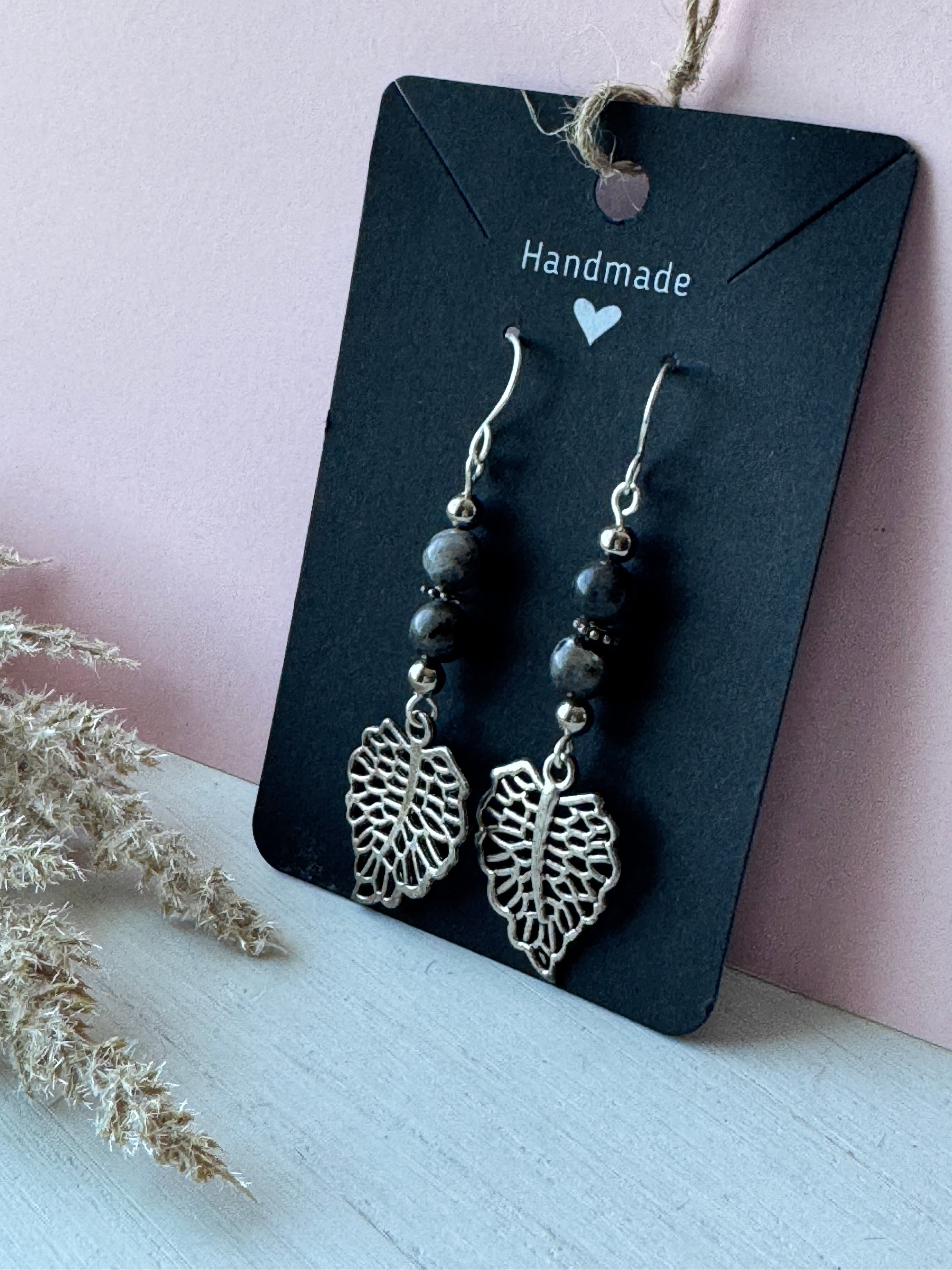 Silver Wire Wrapped Leaf Earrings with Labradorite Gemstones
