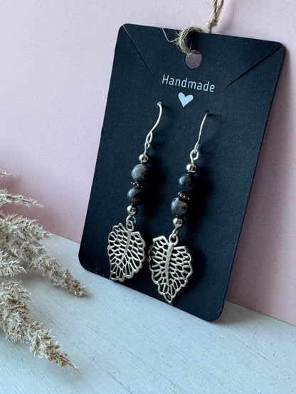 Silver Wire Wrapped Leaf Earrings with Labradorite Gemstones