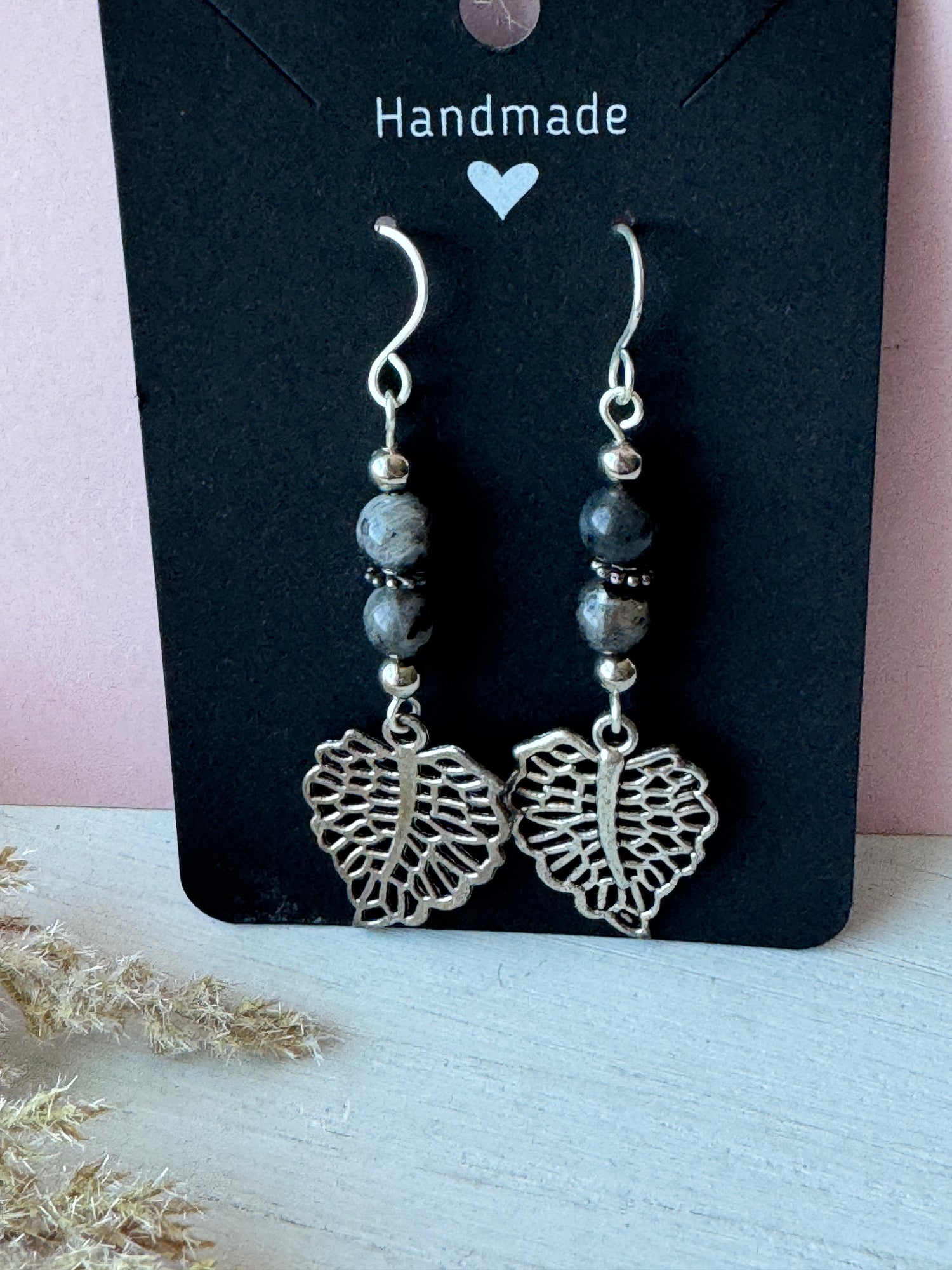 Silver Wire Wrapped Leaf Earrings with Labradorite Gemstones