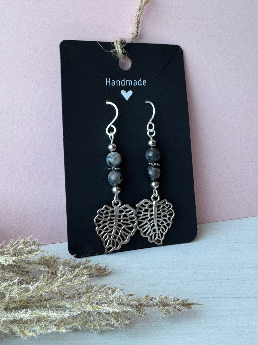 Silver Wire Wrapped Leaf Earrings with Labradorite Gemstones