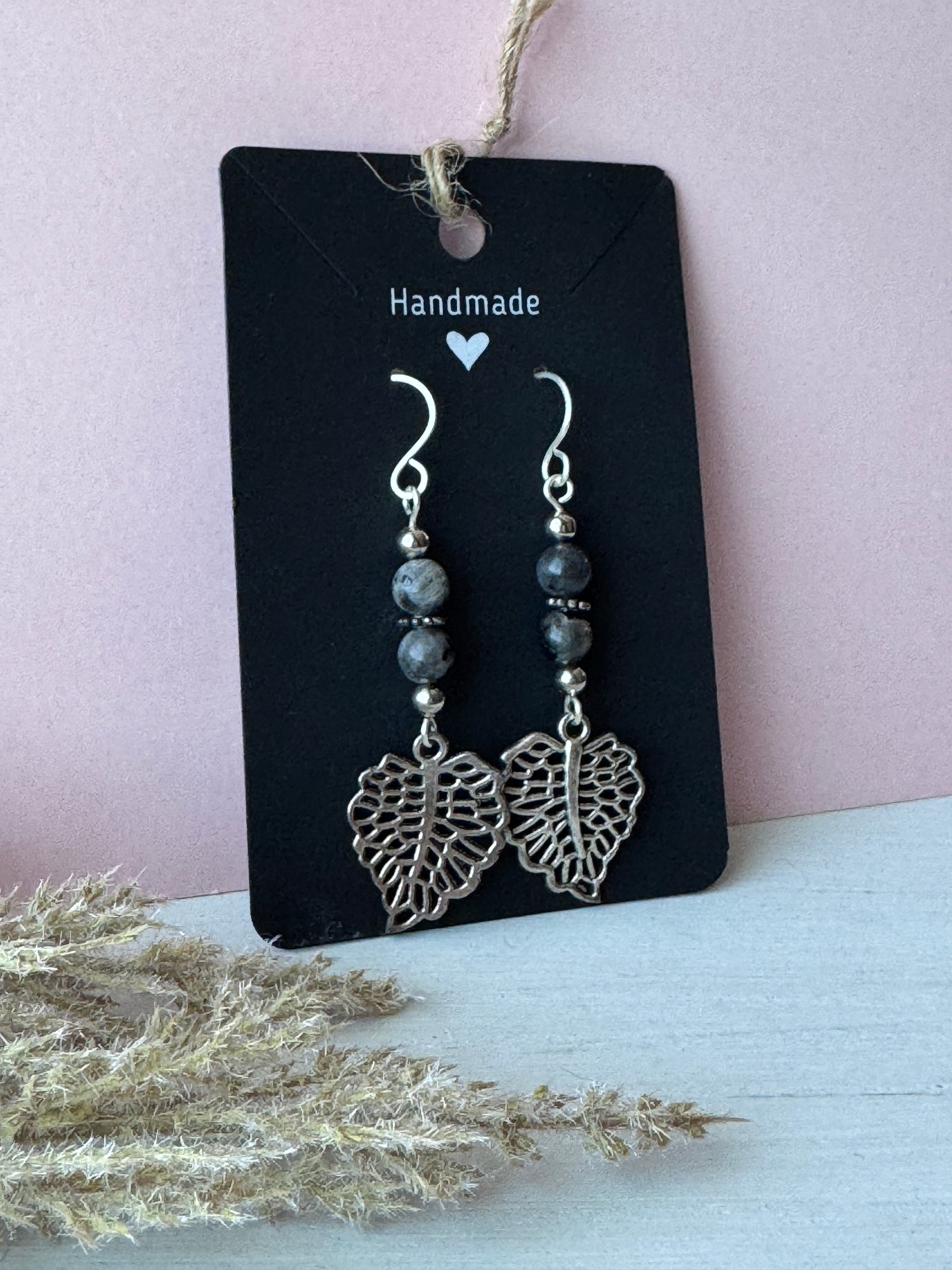 Silver Wire Wrapped Leaf Earrings with Labradorite Gemstones