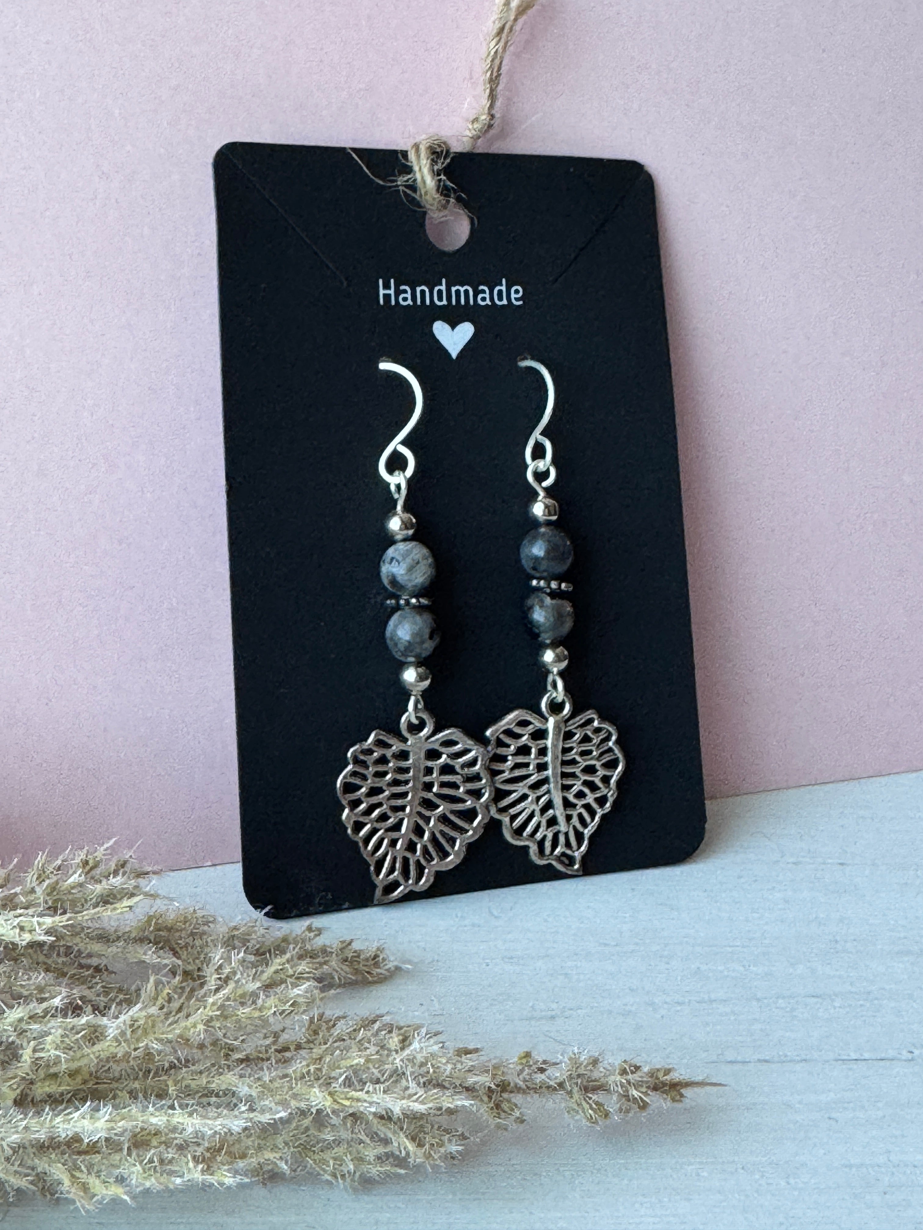 Silver Wire Wrapped Leaf Earrings with Labradorite Gemstones