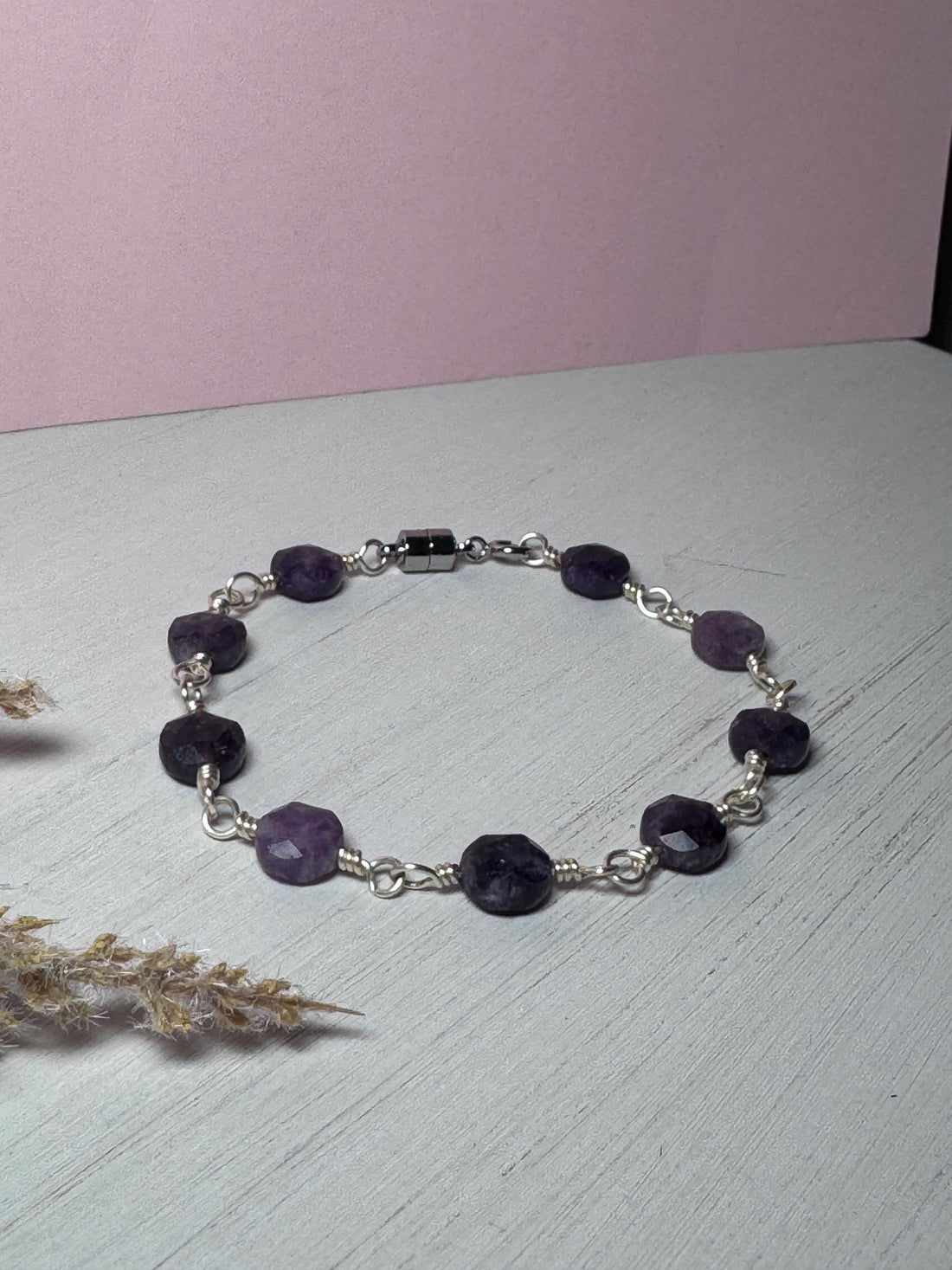 Silver Wire Wrapped Bracelet with Lepidolite Gemstones