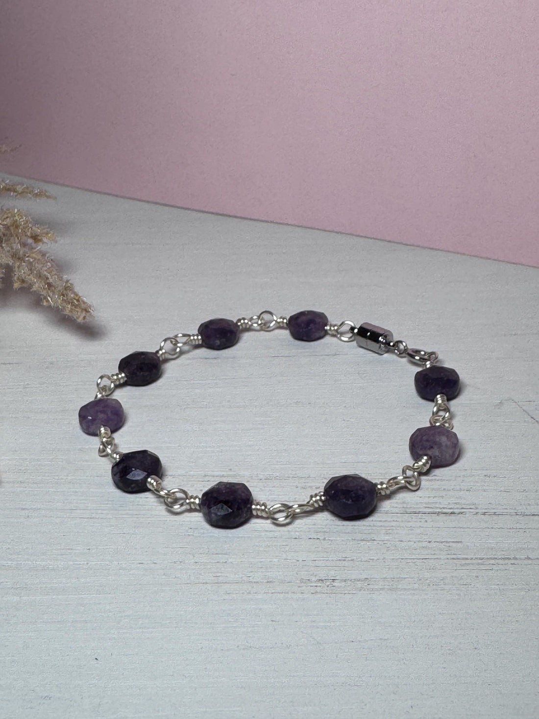 Silver Wire Wrapped Bracelet with Lepidolite Gemstones