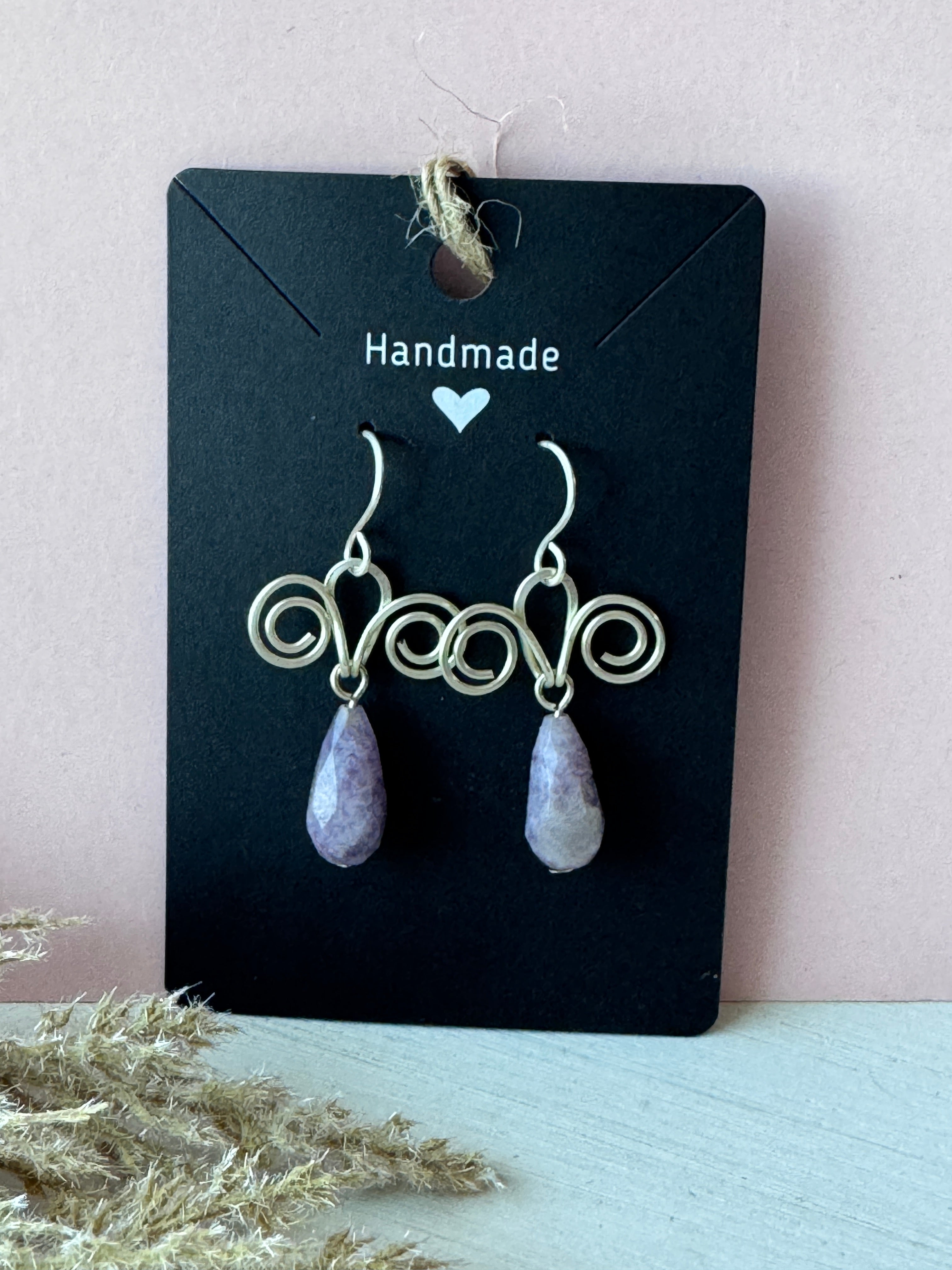 Silver Wire Wrapped Earrings with Lepidolite Crystals