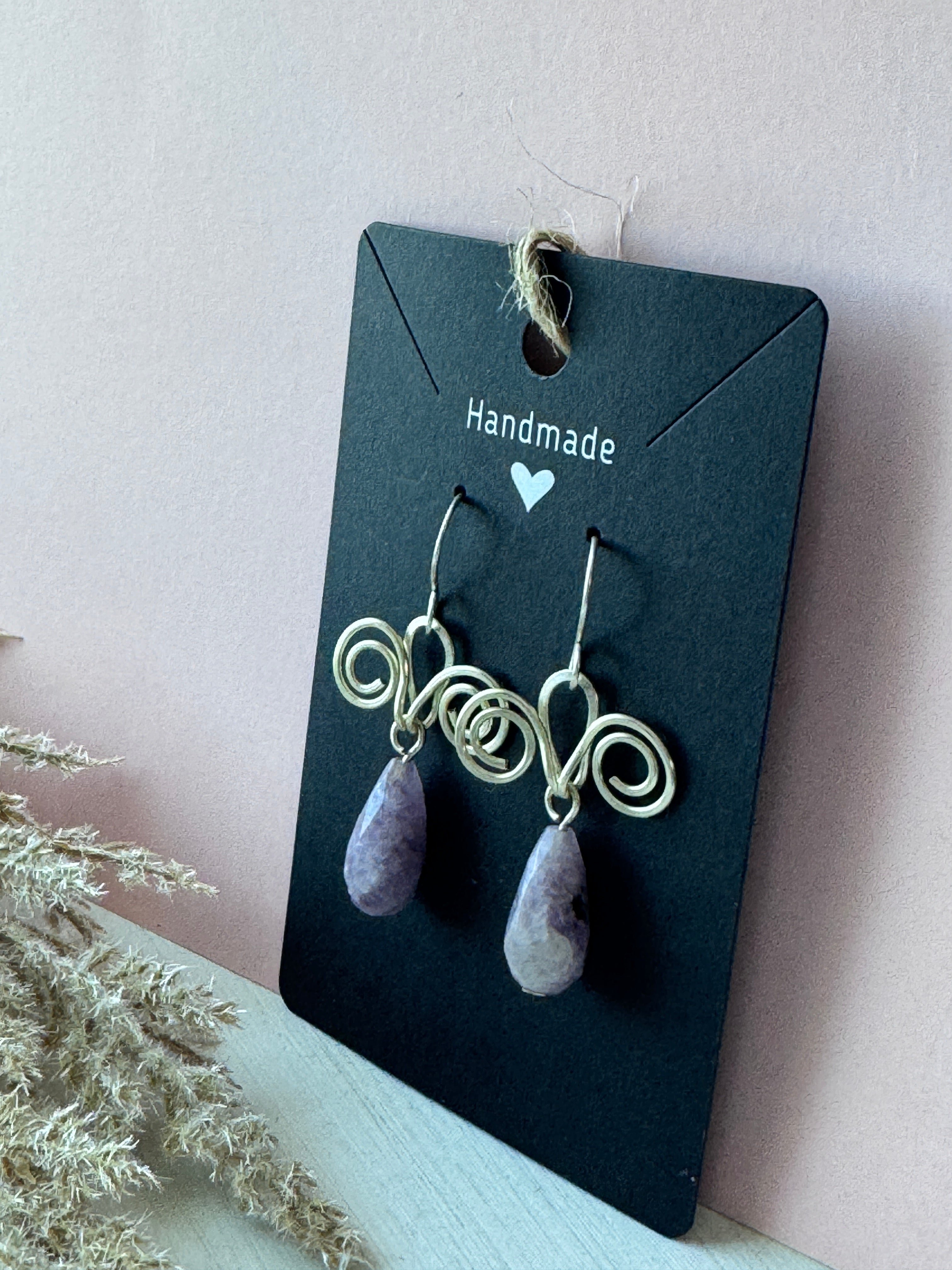 Silver Wire Wrapped Earrings with Lepidolite Crystals