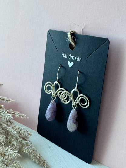 Silver Wire Wrapped Earrings with Lepidolite Crystals