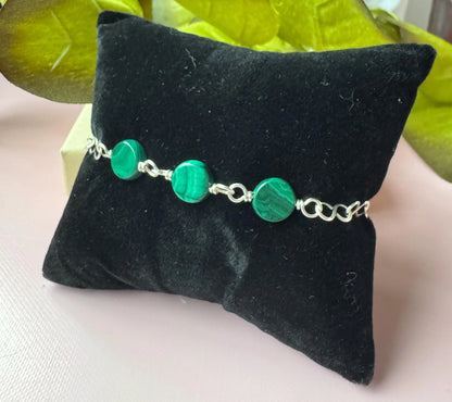Handmade Silver Wire Wrapped Bracelet with Malachite Gemstones