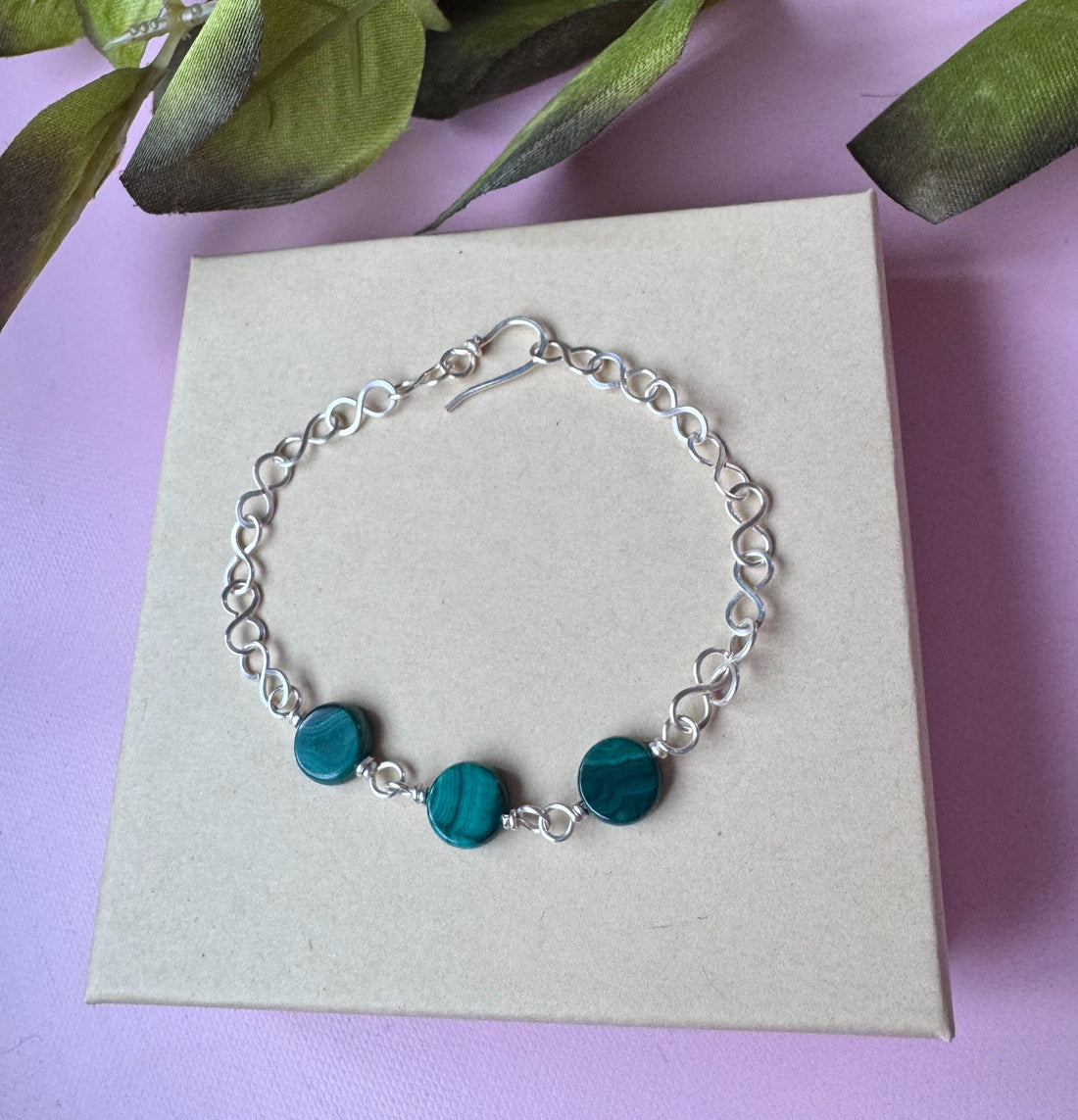 Handmade Silver Wire Wrapped Bracelet with Malachite Gemstones