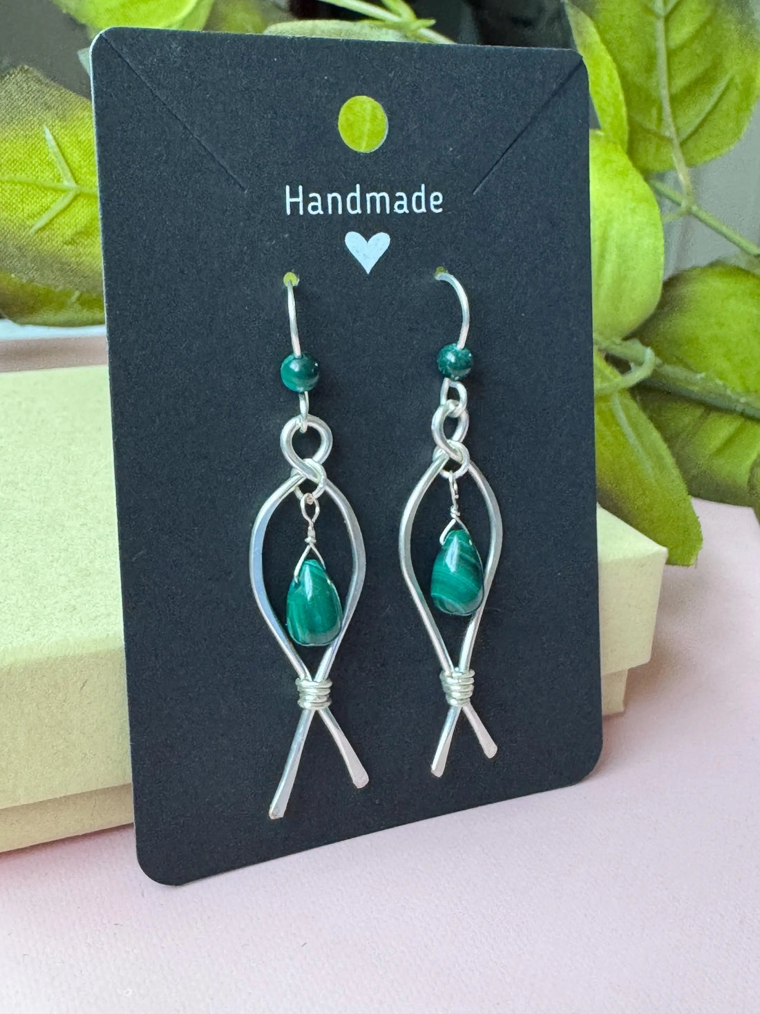 Handmade Silver Wire Wrapped Teardrop Earrings with Malachite Gemstones.