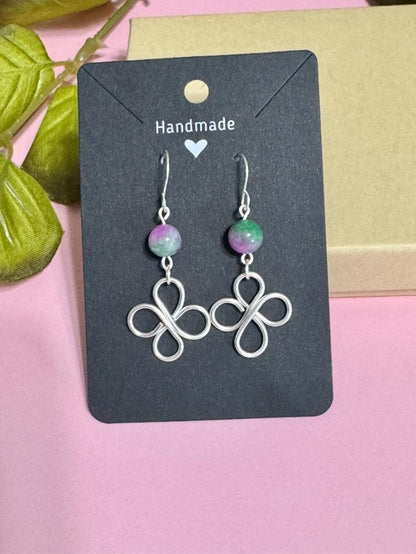 Handmade Silver Wire Wrapped Flower Earrings with Malaysian Jade Gemstones
