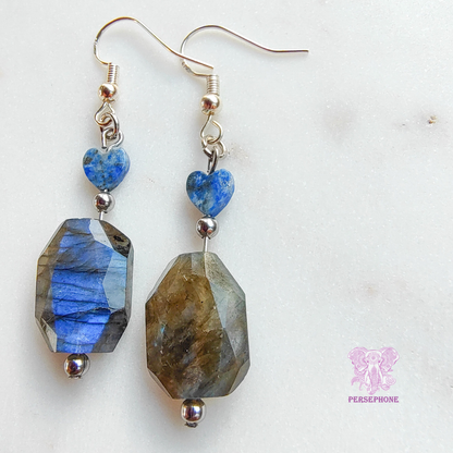 Mama Cocha Divine Femenine Earrings: Flashy Labradorite, Lapis Lazuli, Sterling Silver hook, and Stainless Steel components.