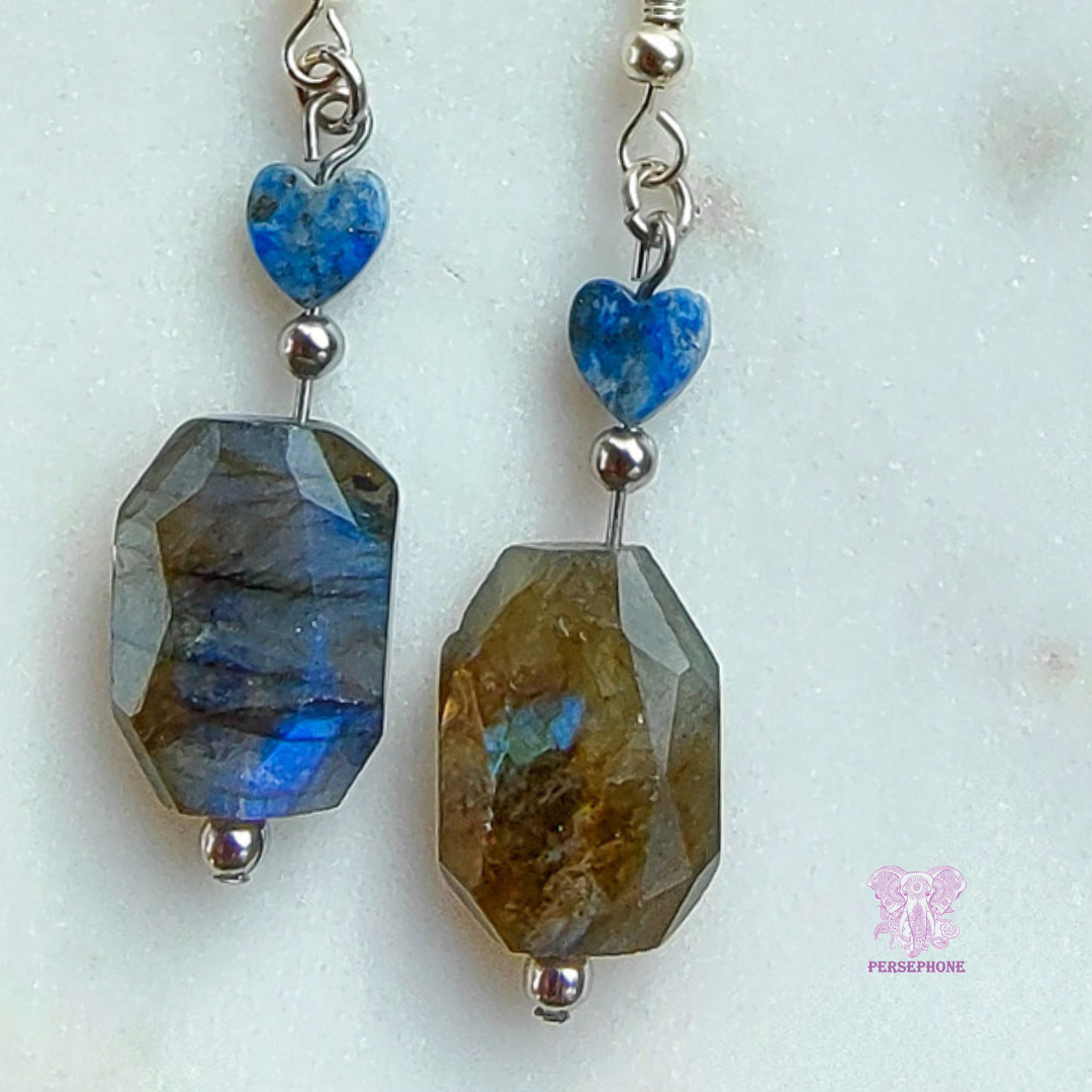 Mama Cocha Divine Femenine Earrings: Flashy Labradorite, Lapis Lazuli, Sterling Silver hook, and Stainless Steel components.