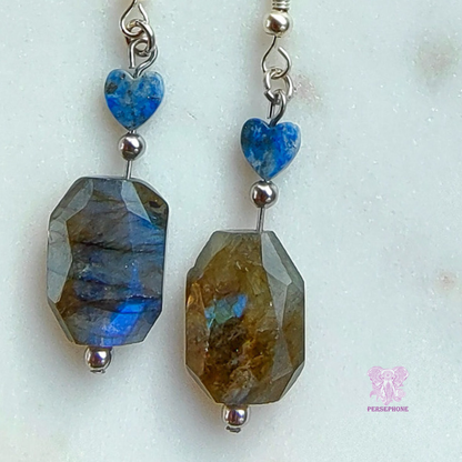 Mama Cocha Divine Femenine Earrings: Flashy Labradorite, Lapis Lazuli, Sterling Silver hook, and Stainless Steel components.