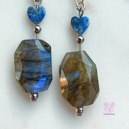 Mama Cocha Divine Femenine Earrings: Flashy Labradorite, Lapis Lazuli, Sterling Silver hook, and Stainless Steel components.