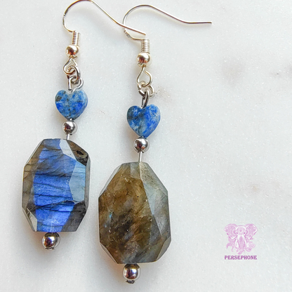 Mama Cocha Divine Femenine Earrings: Flashy Labradorite, Lapis Lazuli, Sterling Silver hook, and Stainless Steel components.