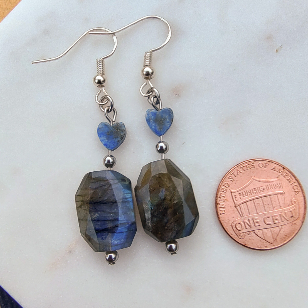 Mama Cocha Divine Femenine Earrings: Flashy Labradorite, Lapis Lazuli, Sterling Silver hook, and Stainless Steel components.