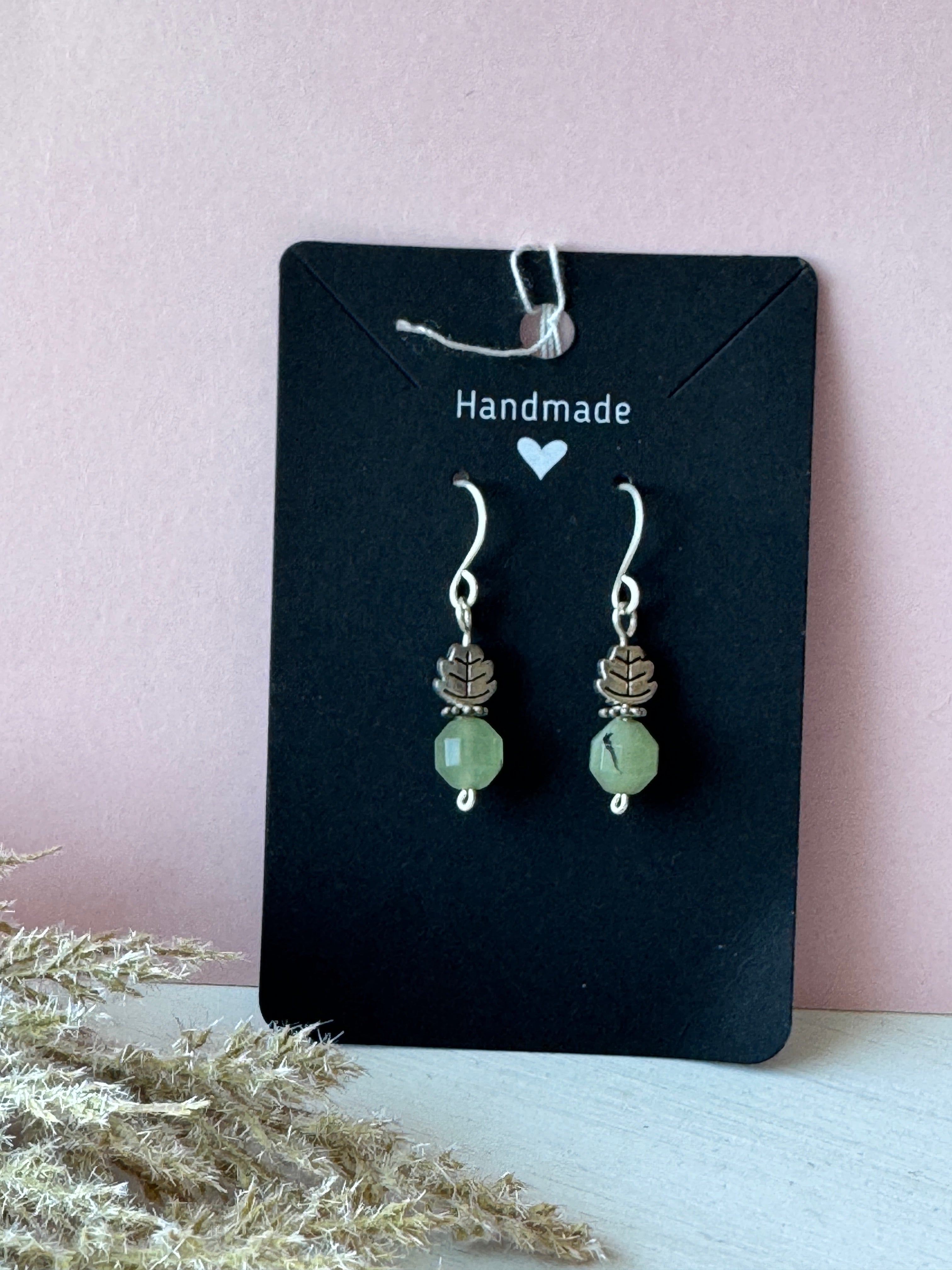 Dainty Silver Wire Wrapped Leaf Charm Earrings with Prehnite Gemstones