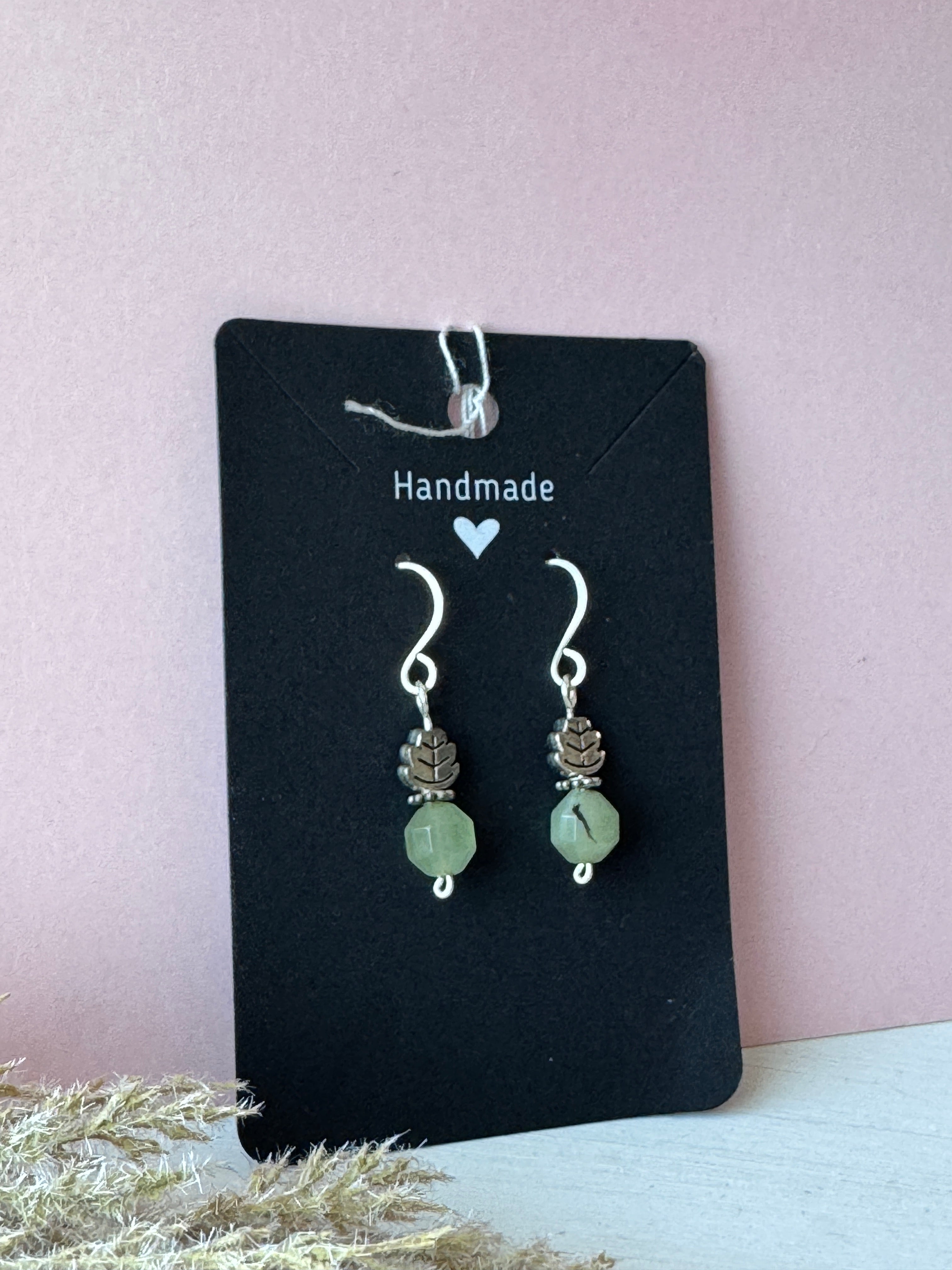 Dainty Silver Wire Wrapped Leaf Charm Earrings with Prehnite Gemstones
