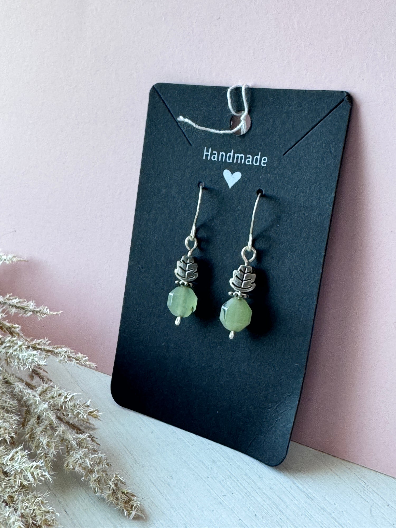 Dainty Silver Wire Wrapped Leaf Charm Earrings with Prehnite Gemstones