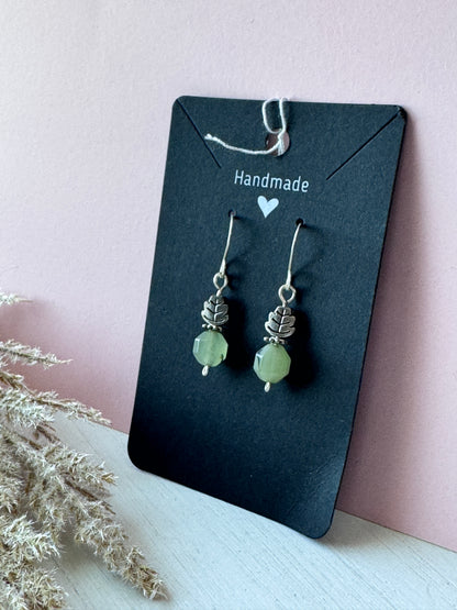 Dainty Silver Wire Wrapped Leaf Charm Earrings with Prehnite Gemstones