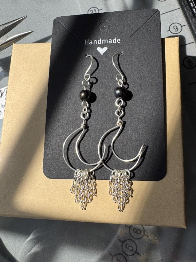 Handmade Silver Wire Wrapped Crescent Moon Earrings with Chain