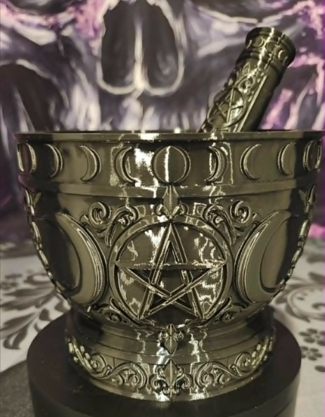 Gothic Triple Moon Mortar &amp; Pestle – 3D Printed Altar &amp; Apothecary Decor